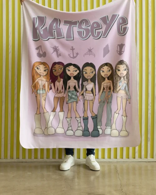 guy holding katseye blanket featuring all band members in modern design