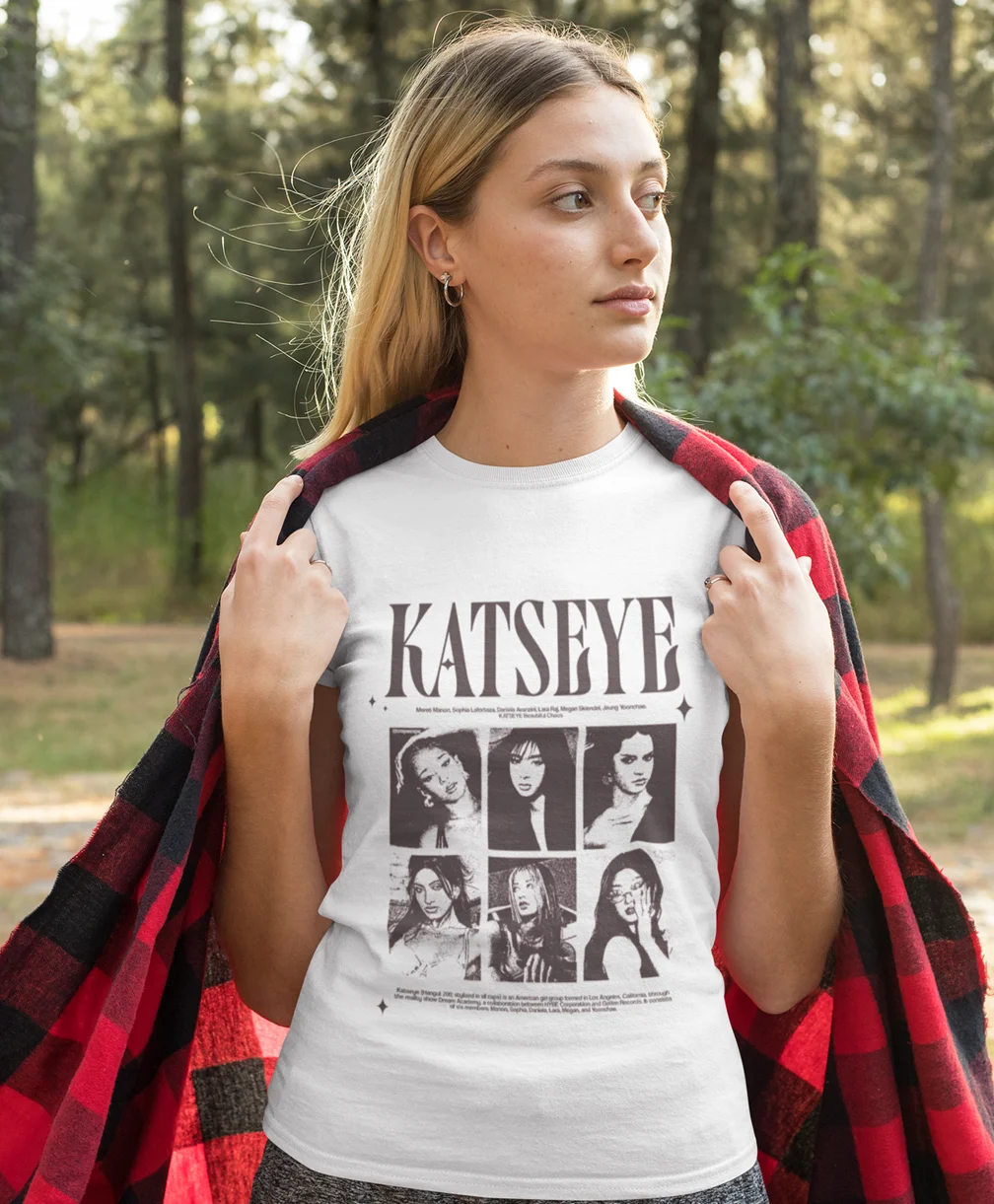 model wearing white katseye unisex t-shirt made of 100% cotton with popular design