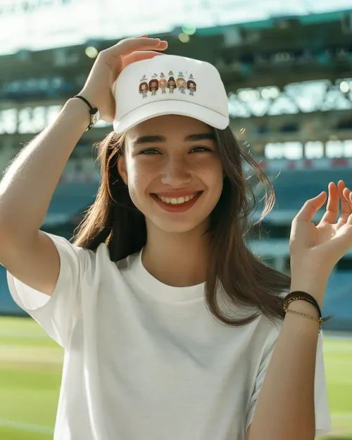smiling model wearing white katseye hat
